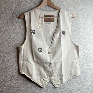 Three River Authentic Denim Womens Cream Puppy and Paw Print Vest Size M